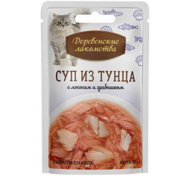 Деревенские лакомства пауч д/кош. Суп из тунца с лососем и гребешком 35г